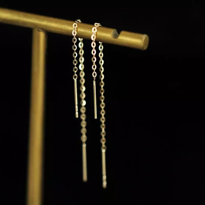 Stud Cadena Larga, Oro Solido, Venta Individual 14 k